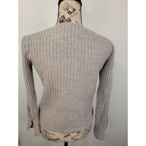 Theory Long Sleeves Top Womens SZ Large Semi Crop Stretch Wool Ribbed Gray Crew - Picture 8 of 10